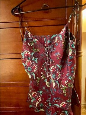 Guess Burgundy Floral Silk top with Teal and Cream Accents